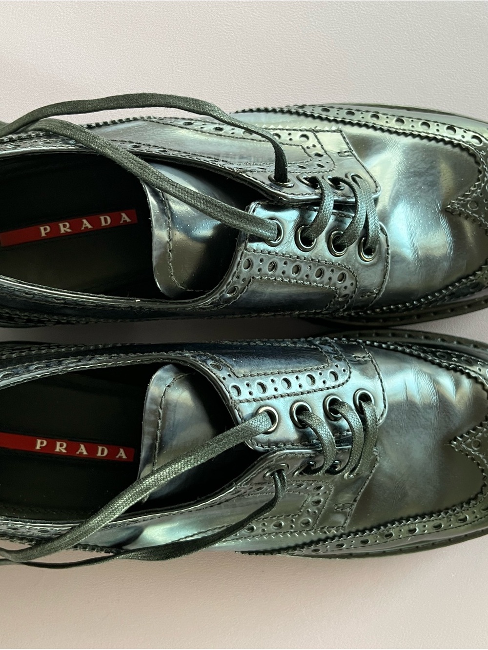 Prada Black Leather Women's Brogue Lace-Up Flats - Picture 3 of 4